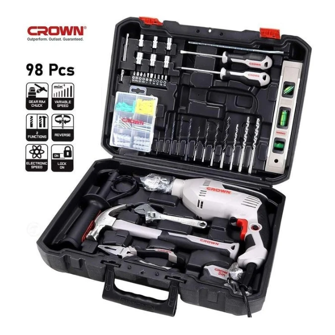 Caisse-a-Outils-98-Pieces-avec-Perceuse-13mm-600W-Crown-CK10-XA98